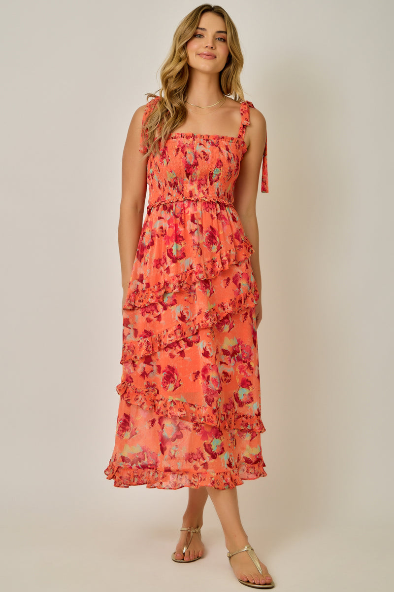 smocked tiered maxi dress Listicle Floral in Navy S White Smocked Tiered Dress Sherelle in Cloud Maxi Dress is a blue and white spotted dress with a smocked bodice and tiered skirt Aoochasliy Sun Dresses for Women