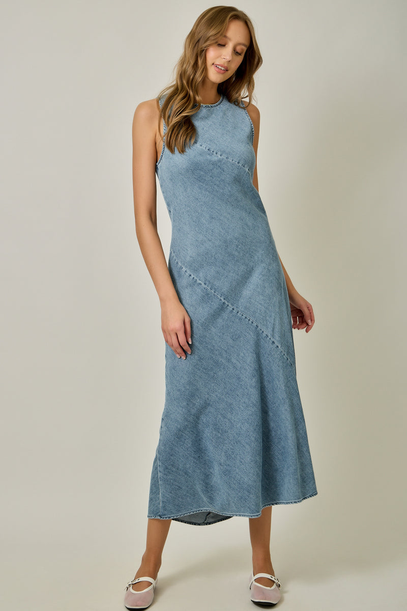 tencel denim midi dress Tencel Denim Dress: Vintage-Inspired Fit & Flare with Rose Buttons