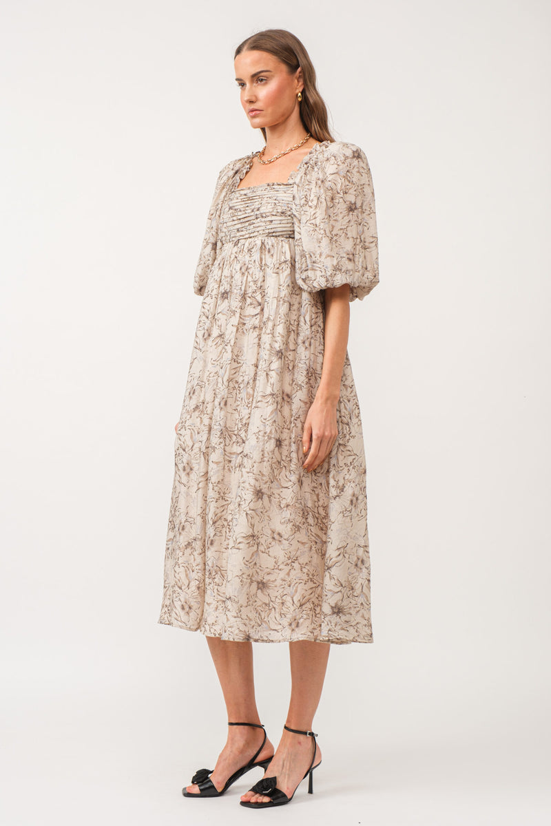 babydoll midi dress Blue Linen Dress in a Cotton-Linen Midi Cut with 3/4 Sleeves and Side Pockets for Vacation