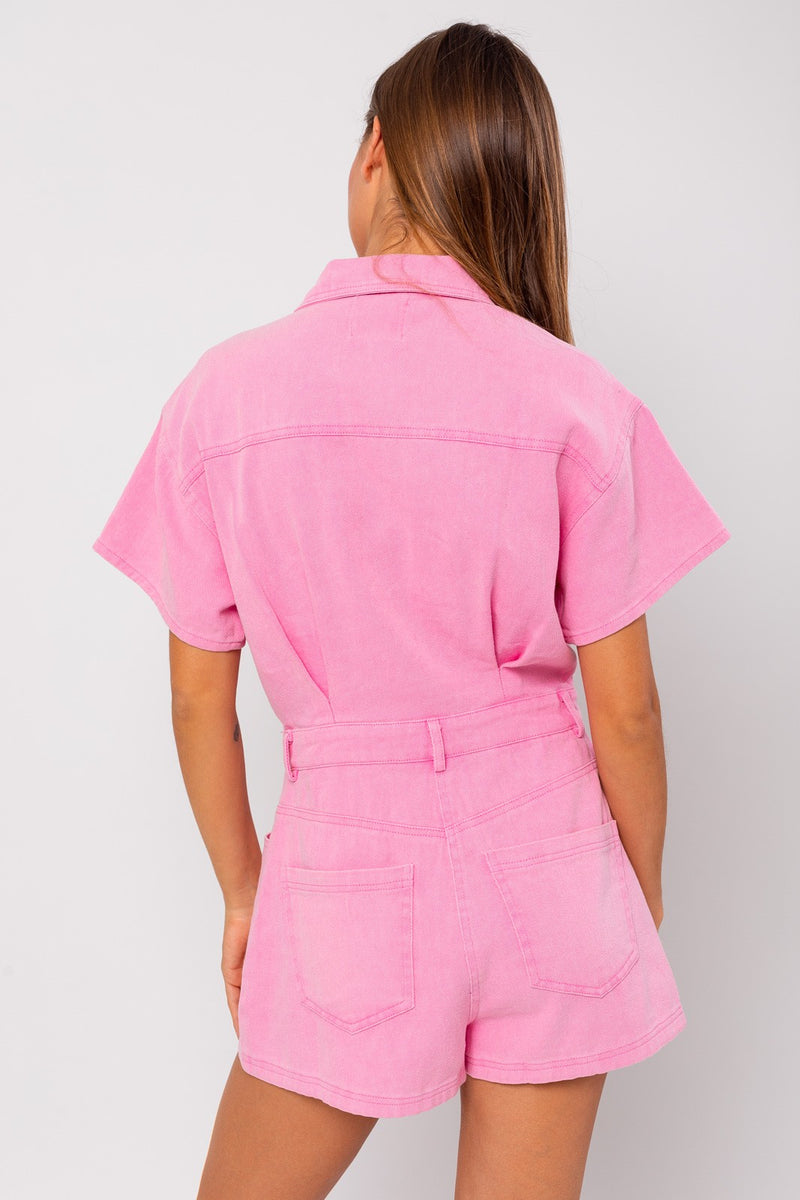 Sora Pocketed Denim Romper- Pink