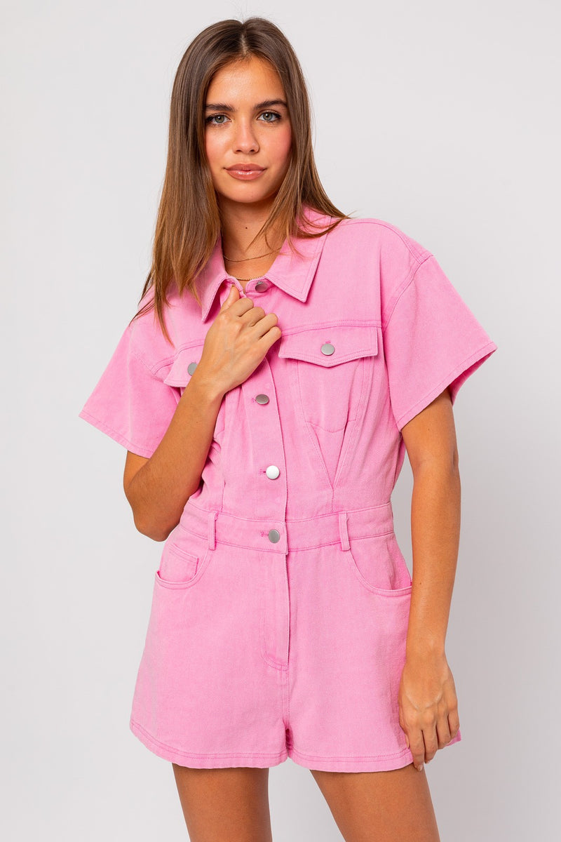 Sora Pocketed Denim Romper- Pink
