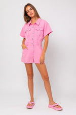 Sora Pocketed Denim Romper- Pink