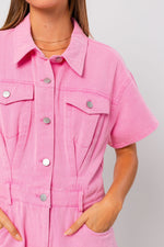 Sora Pocketed Denim Romper- Pink