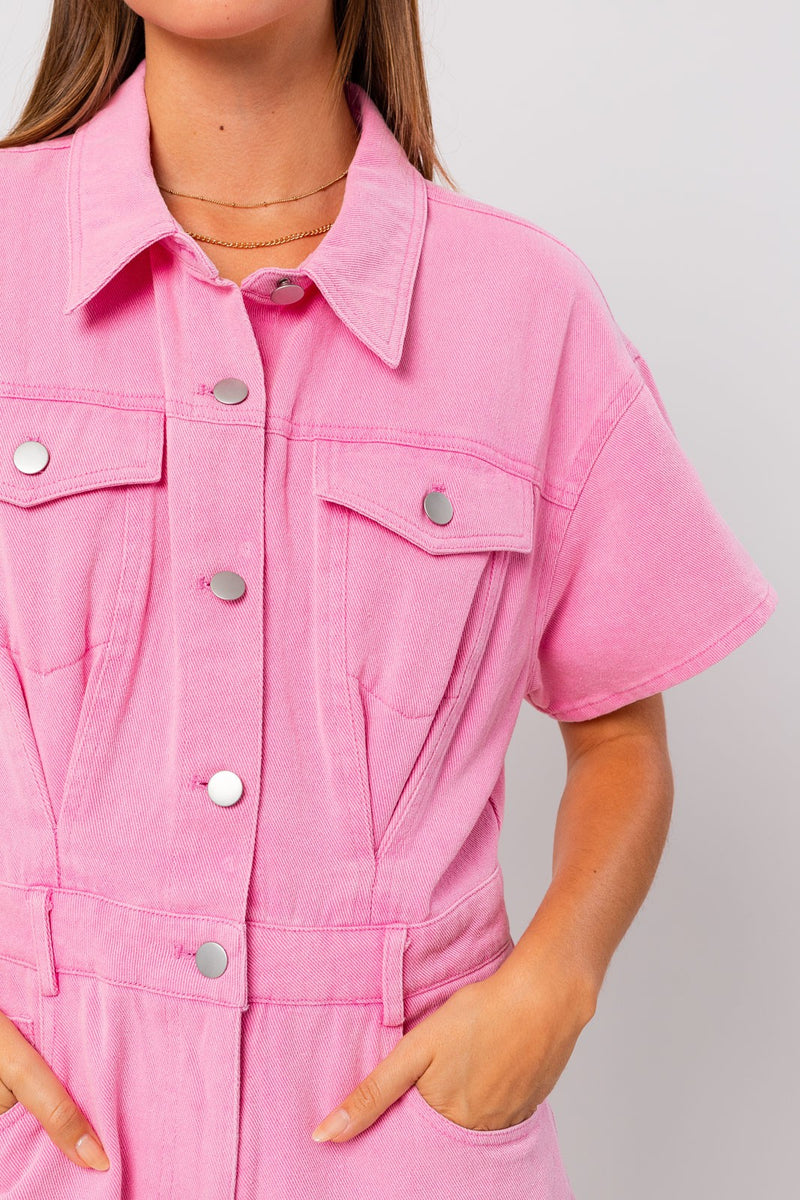 Sora Pocketed Denim Romper- Pink