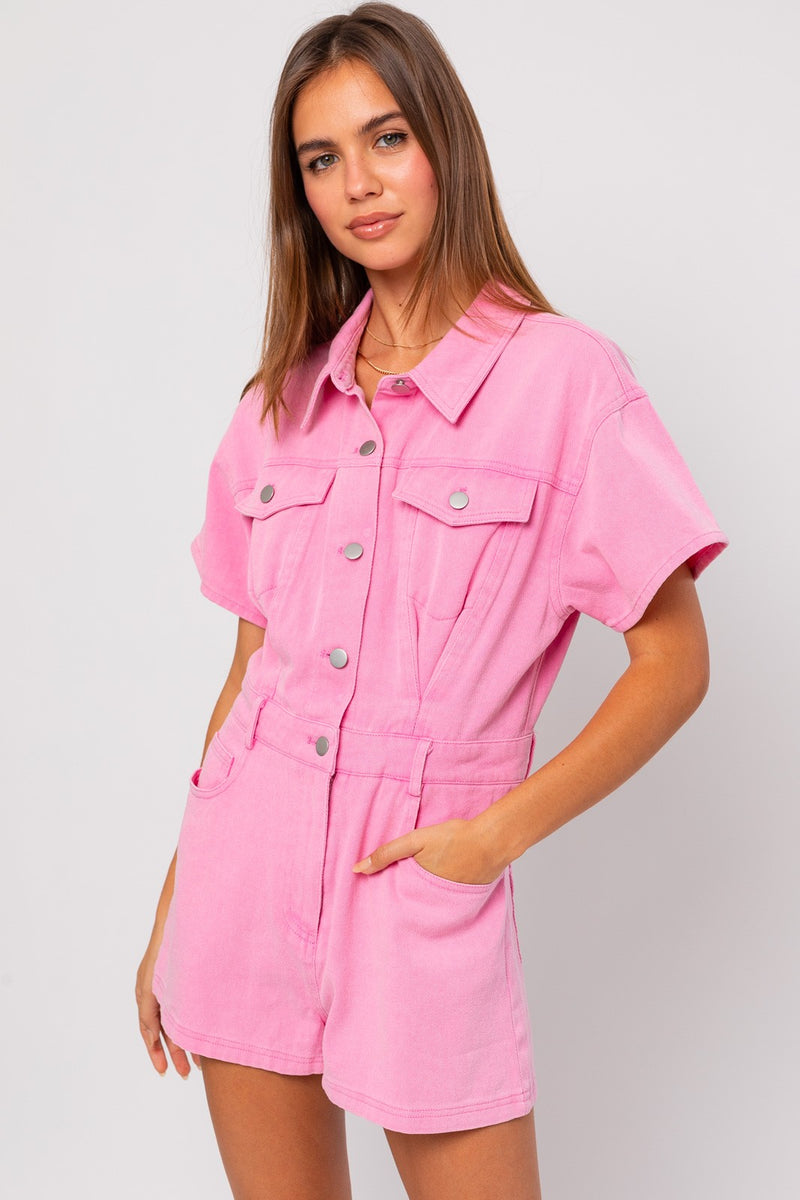 Sora Pocketed Denim Romper- Pink