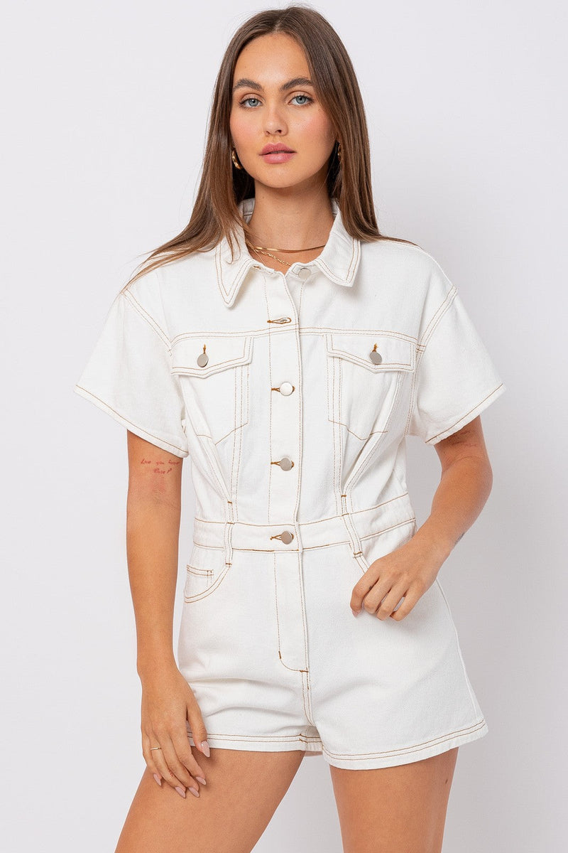 Sora Pocketed Denim Romper- White