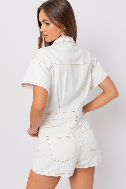Sora Pocketed Denim Romper- White
