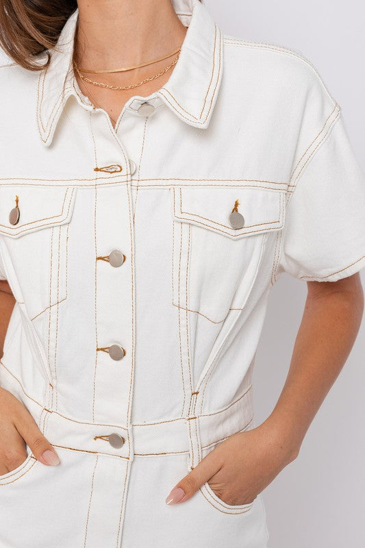 Sora Pocketed Denim Romper- White