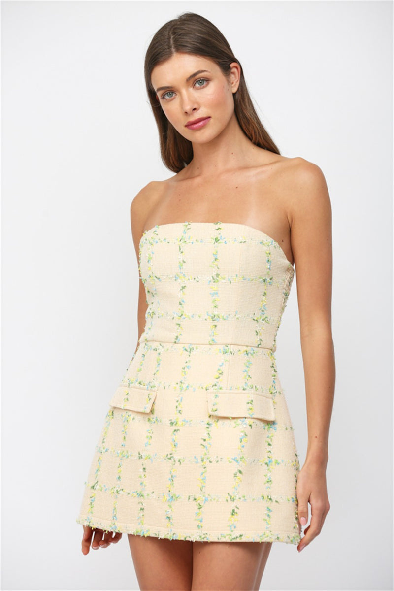 plaid strapless mini dress Plaid Bow-Back Strapless Mini Dress