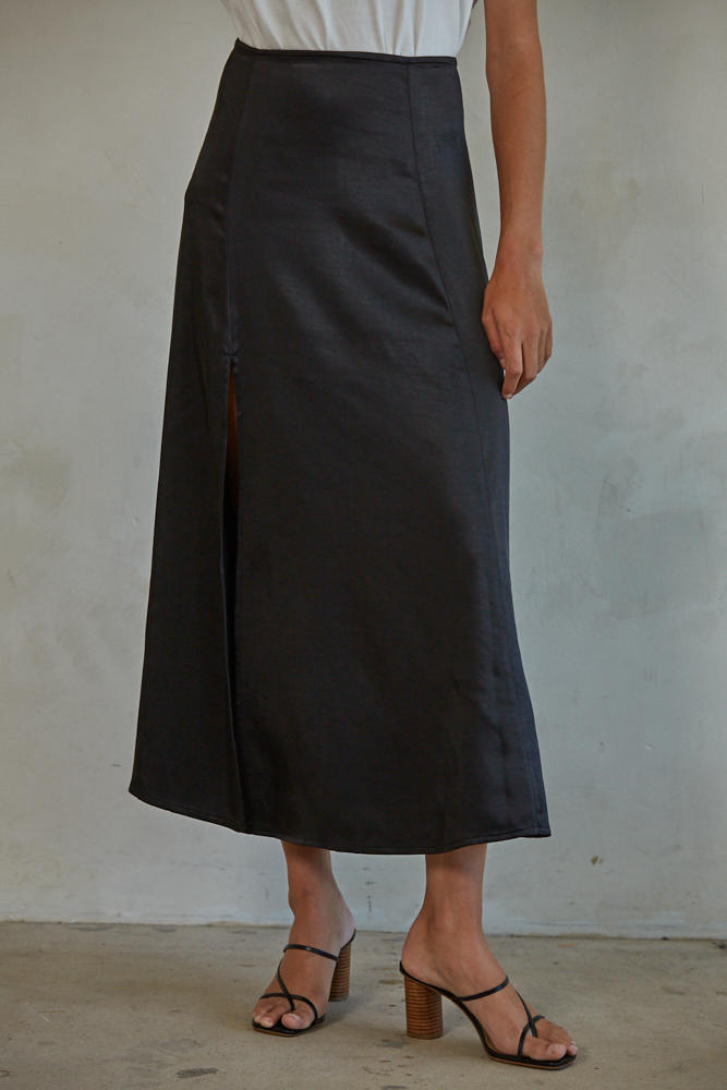 Parker Slit Satin Maxi Skirt - Black