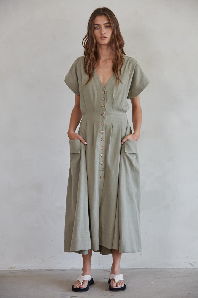 Amora Button Down Cotton Midi Dress