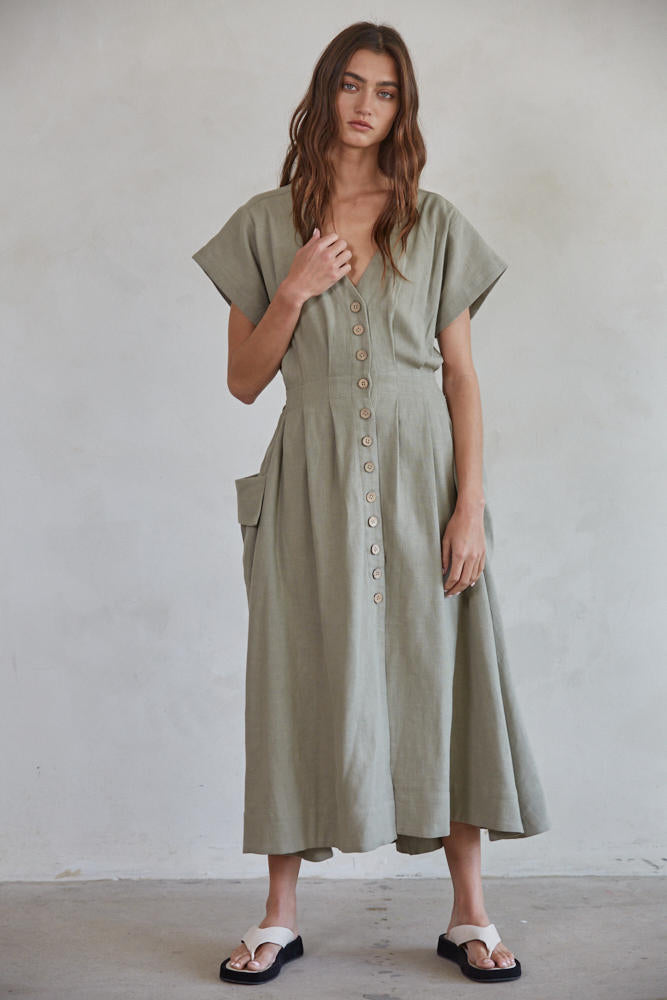 Amora Button Down Cotton Midi Dress