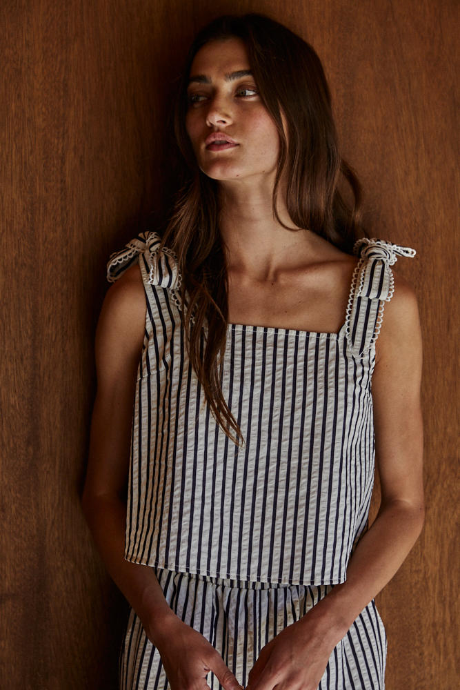 Lapis Striped Crop Tie Top