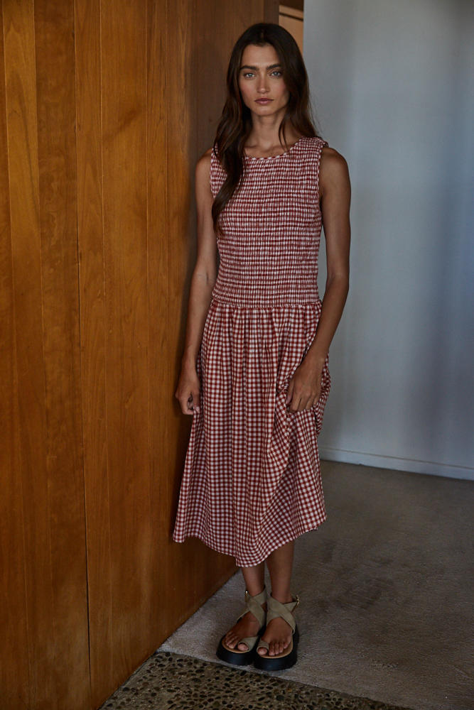 fit & flare lightweight smocked gingham midi dress Saylor Smocked Gingham Midi Dress SMALL