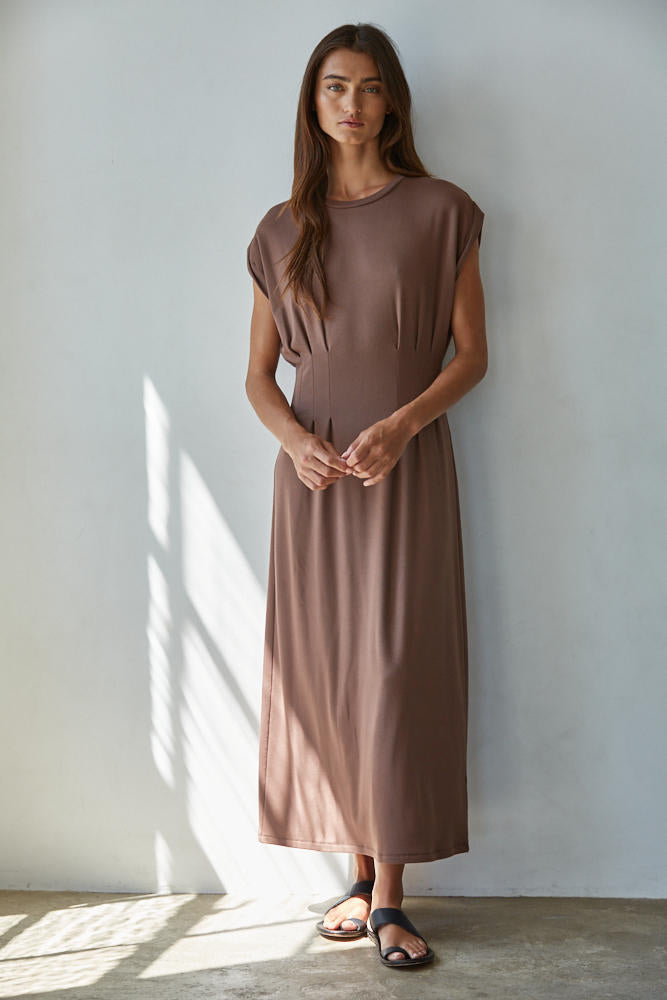 brown fitted midi dress High Neck Tie-Back Midi Dress