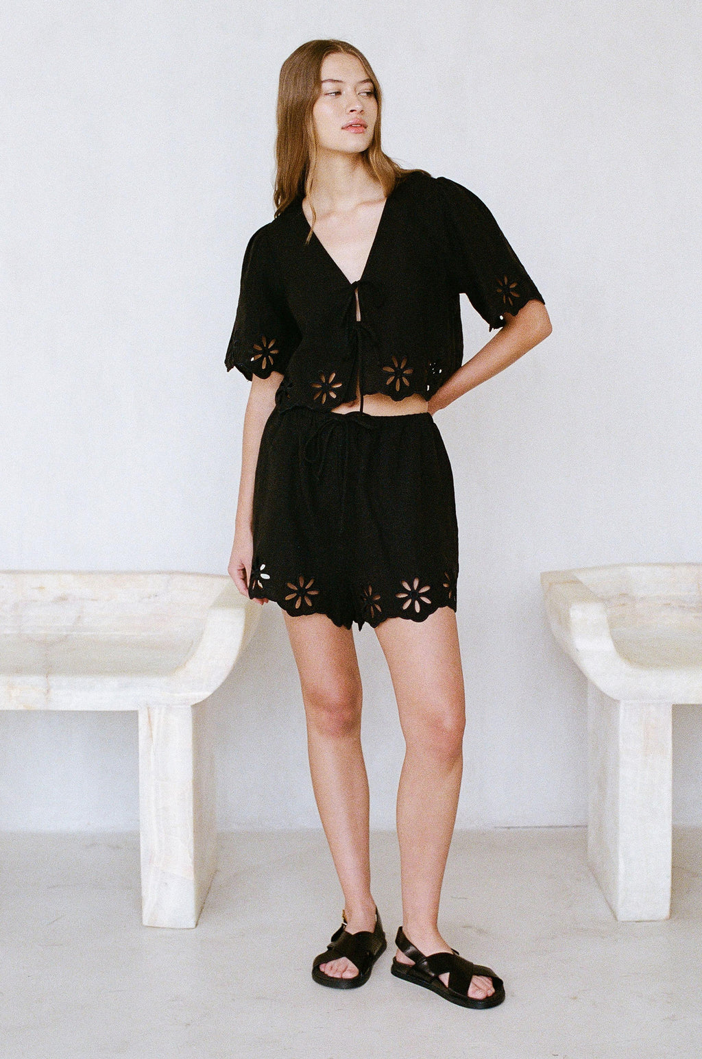 Iris Linen Floral Eyelet Tie Top