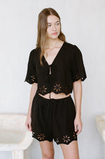Iris Linen Floral Eyelet Tie Top