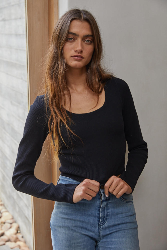 Solange Ribbed Long Sleeve Top - Black