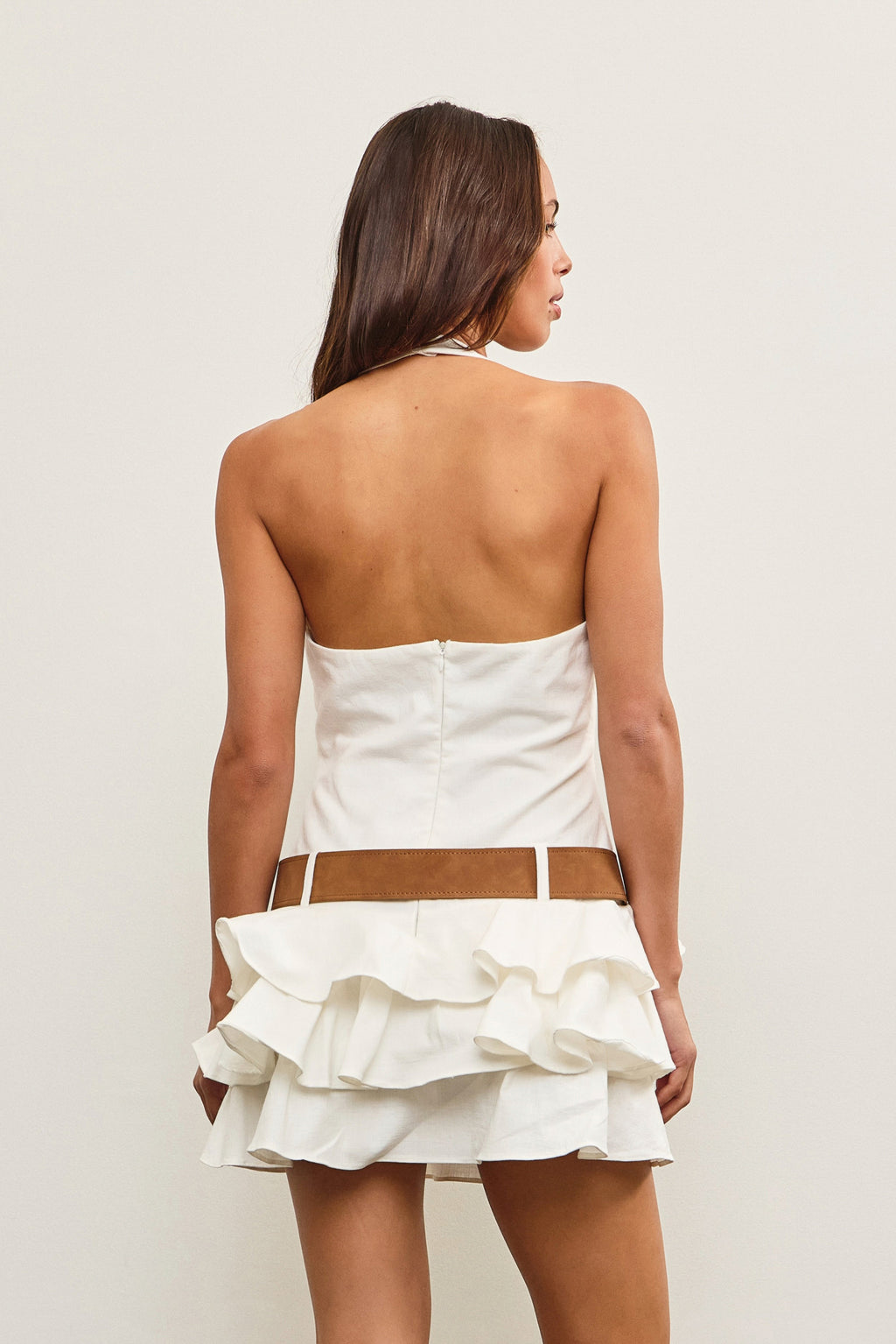 Taking Sides Ruffle Belted Halter Dress