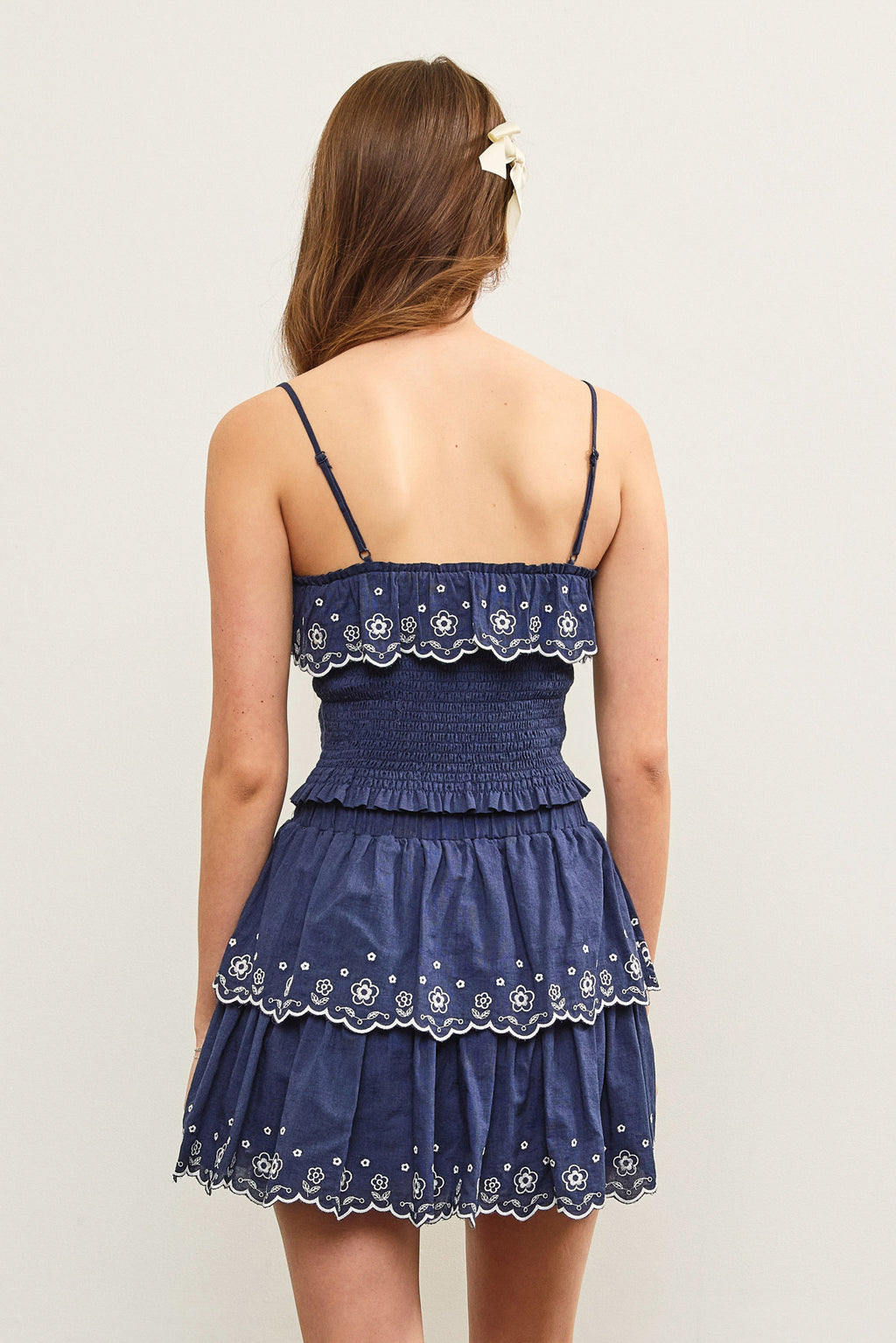 Macey Embroidered Smocked Crop Top