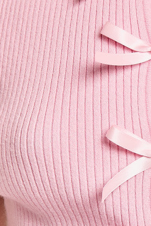 Cindi Satin Bow Ribbed Sweater Tank - Pink