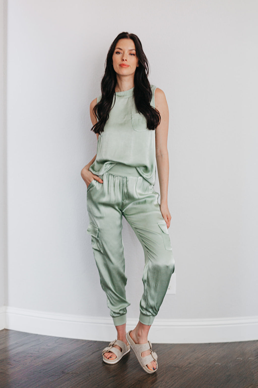 Whitley Satin Pocketed Jogger Pants - Sage