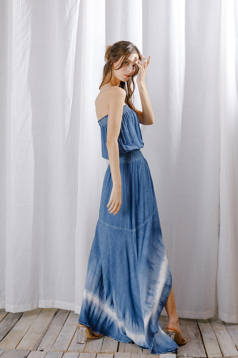 Ocean Breeze Strapless Tie Dye High Low Maxi Dress