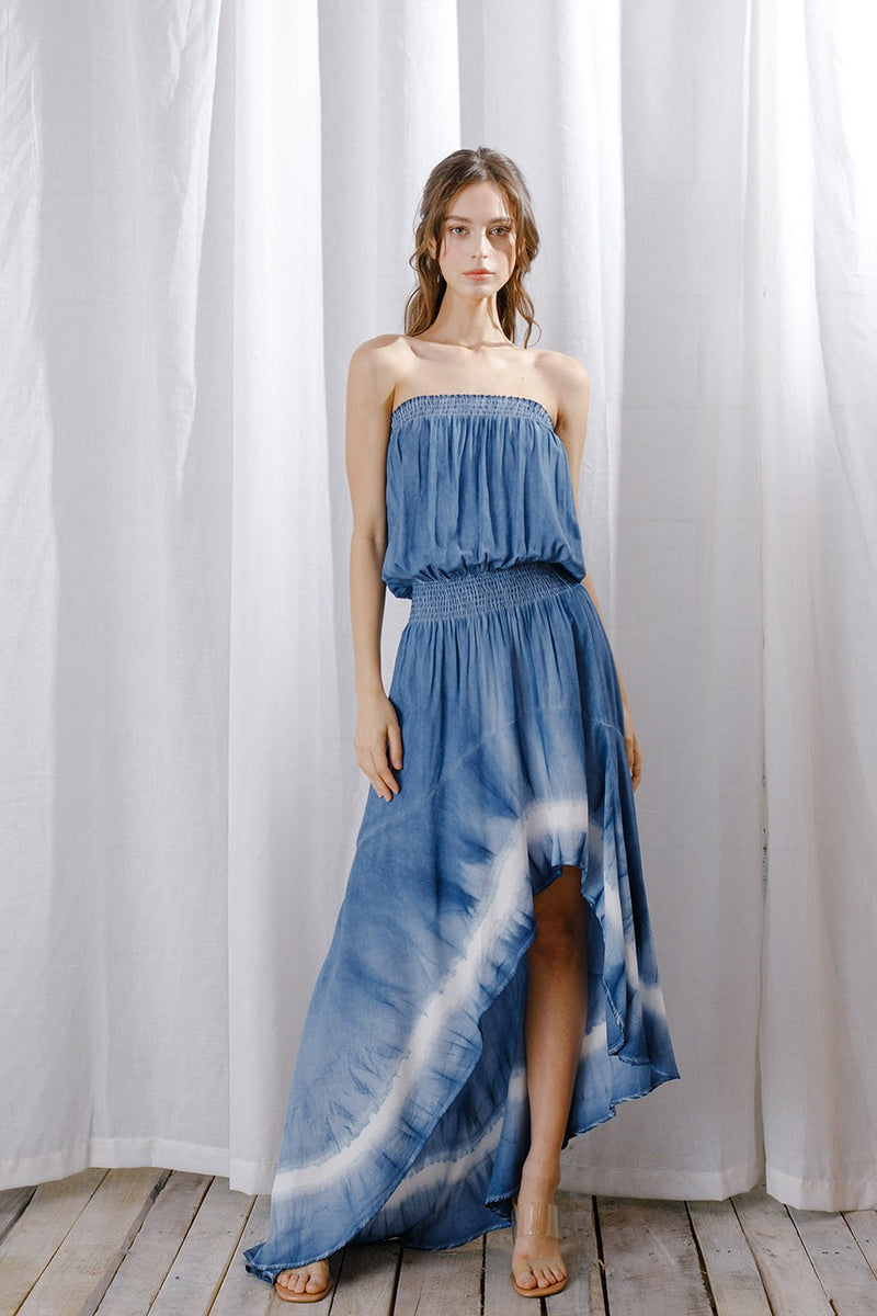 Ocean Breeze Strapless Tie Dye High Low Maxi Dress