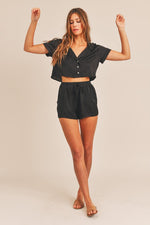 Ressi Satin Button Down Crop Top - Black