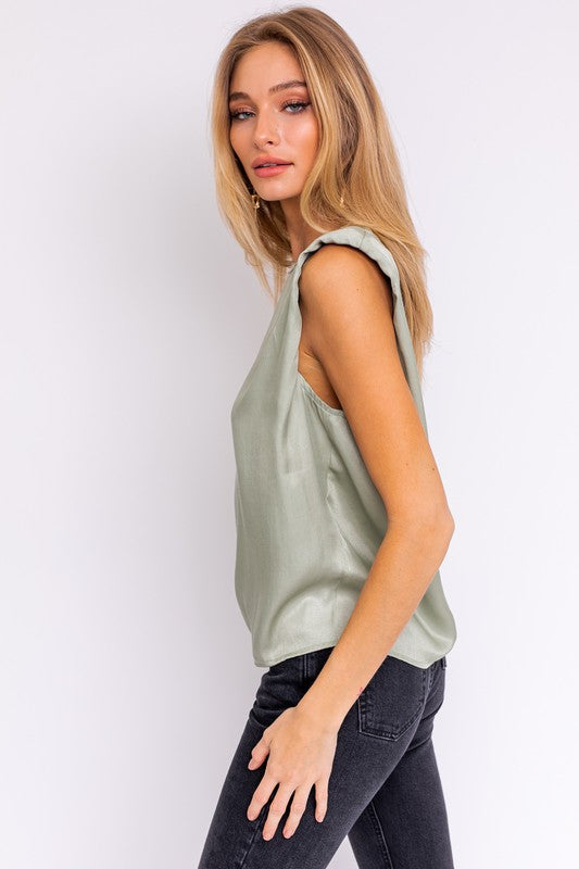 Hilton Padded Shoulder Satin Blouse - Sage