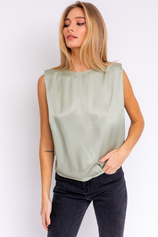 Hilton Padded Shoulder Satin Blouse - Sage