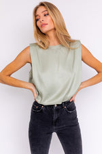 Hilton Padded Shoulder Satin Blouse - Sage