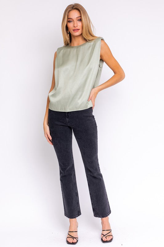 Hilton Padded Shoulder Satin Blouse - Sage