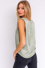 Hilton Padded Shoulder Satin Blouse - Sage