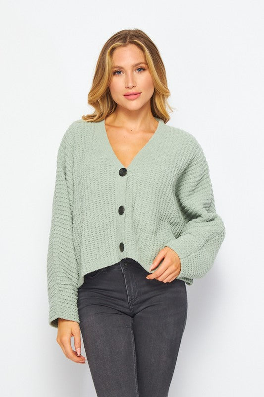 Keely Chenille Button Front Cardigan - Sage