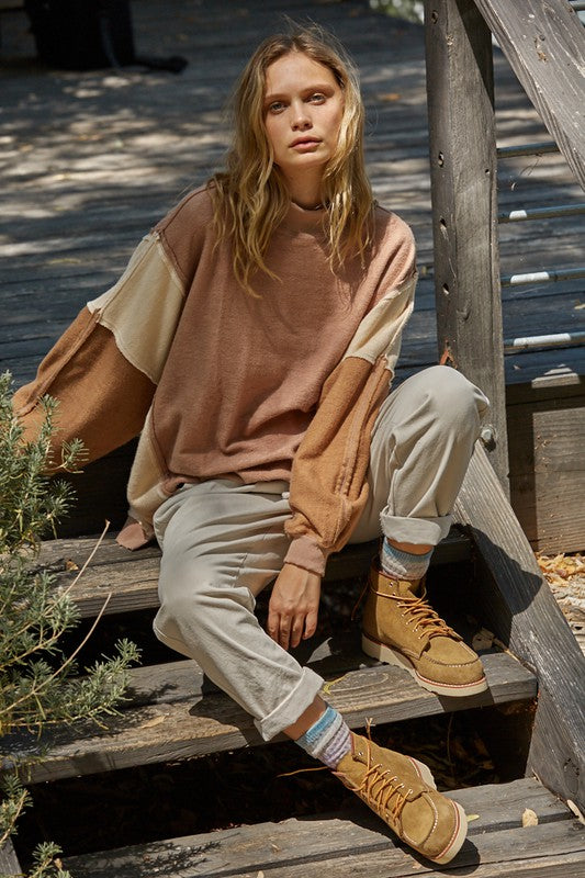 Taron Turtleneck Billowy Pocketed Contrast Top