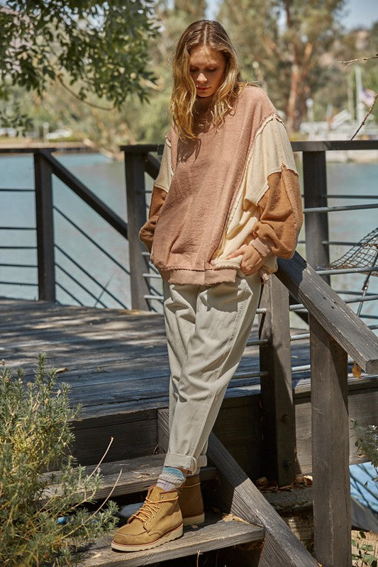 Taron Turtleneck Billowy Pocketed Contrast Top