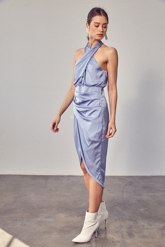 Mellie Satin Halter Wrap Midi Dress- Misty Blue