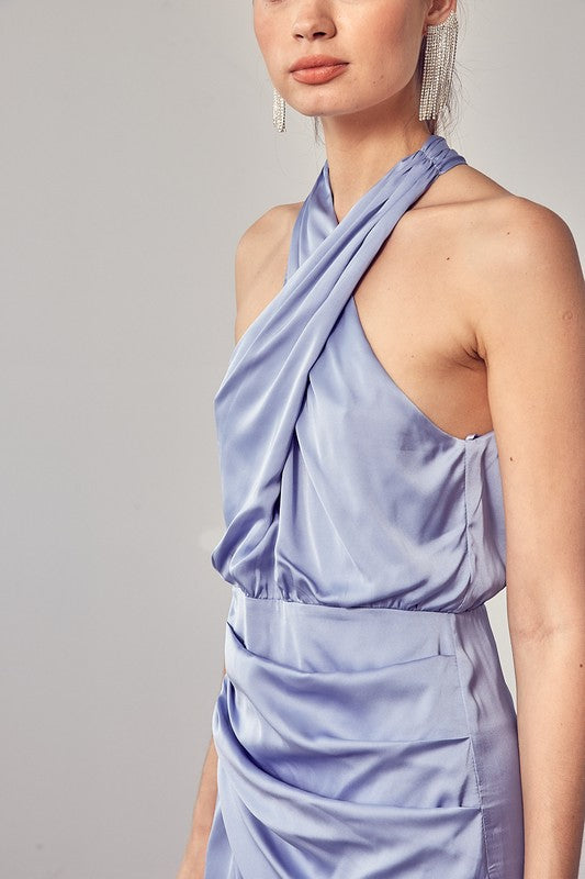 Mellie Satin Halter Wrap Midi Dress- Misty Blue