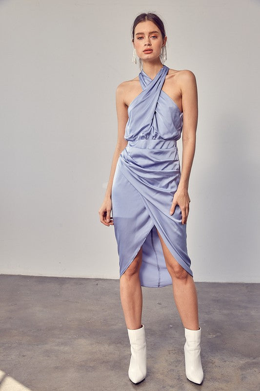 Mellie Satin Halter Wrap Midi Dress- Misty Blue