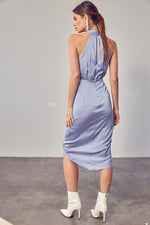 Mellie Satin Halter Wrap Midi Dress- Misty Blue