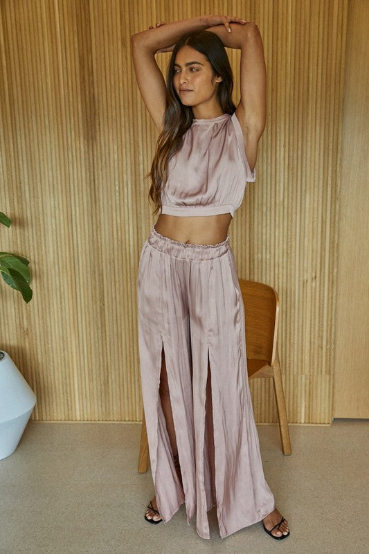 Pure Bliss Slit Satin Pants - Blush