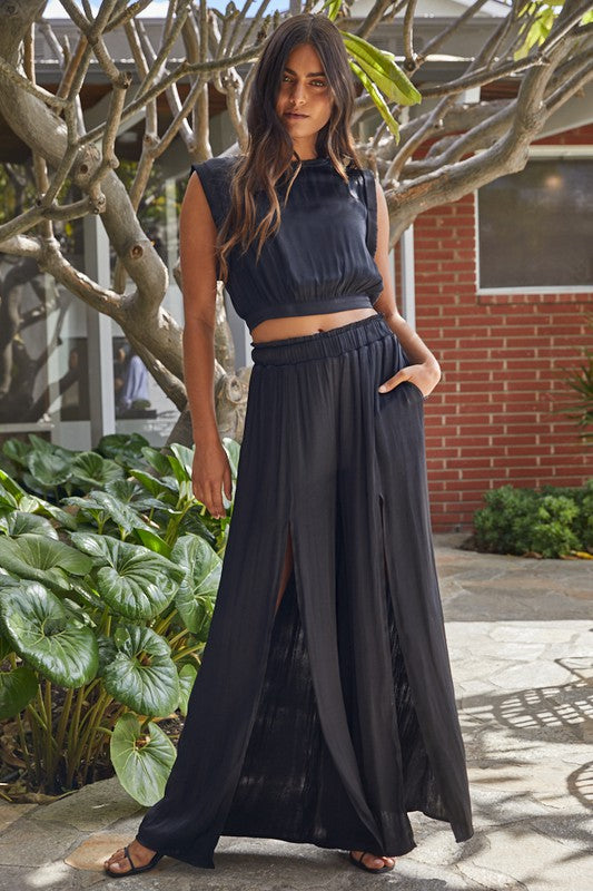 Pure Bliss Slit Satin Pants - Black