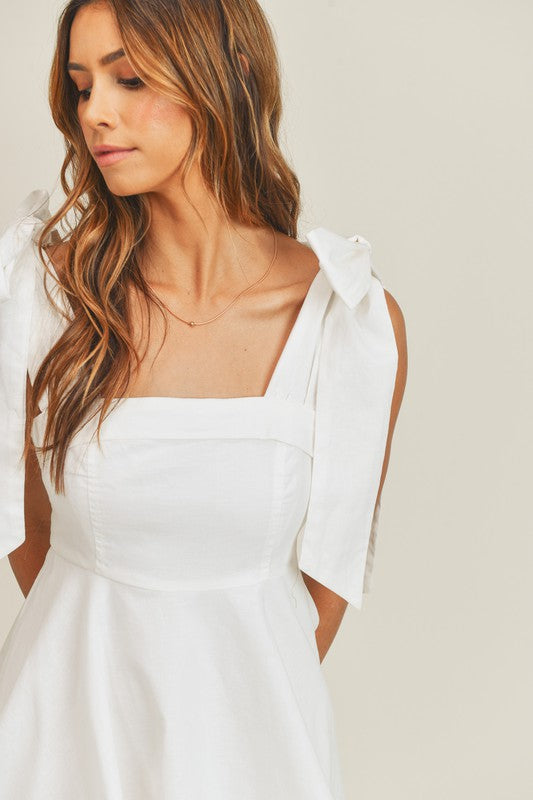 Ontario Cotton Linen Tie Strap Babydoll Dress- White