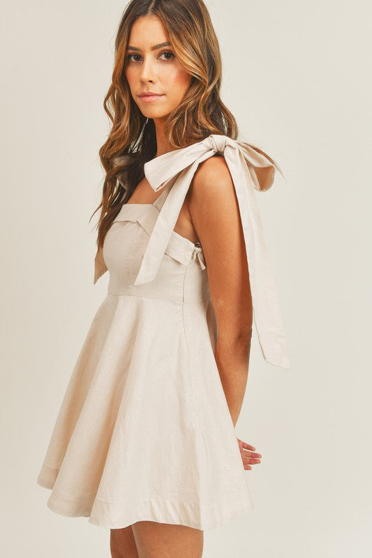 Ontario Cotton Linen Tie Strap Babydoll Dress- Taupe