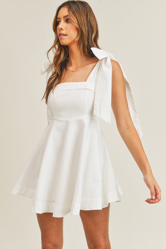 Ontario Cotton Linen Tie Strap Babydoll Dress- White