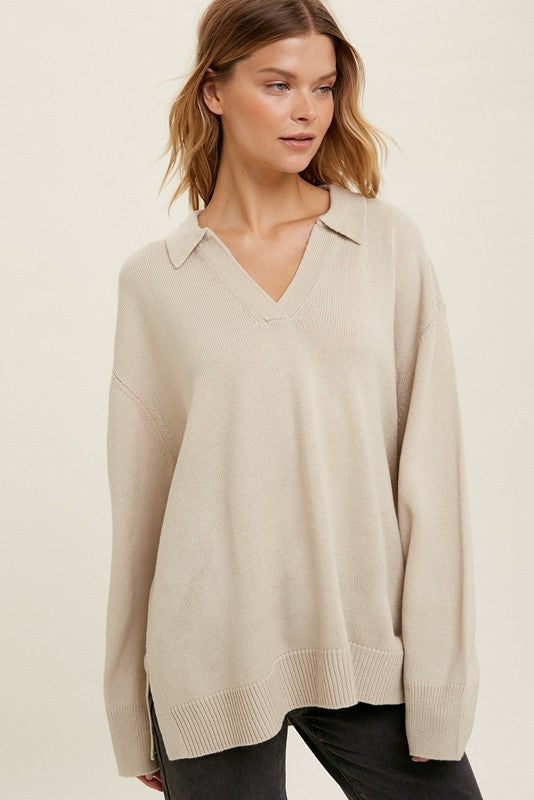 Korey Oversized Collared Knit Sweater- Natural