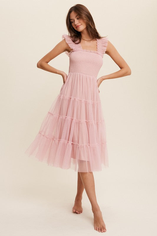 Fairytale Love Tulle Smocked Midi Dress- Pink