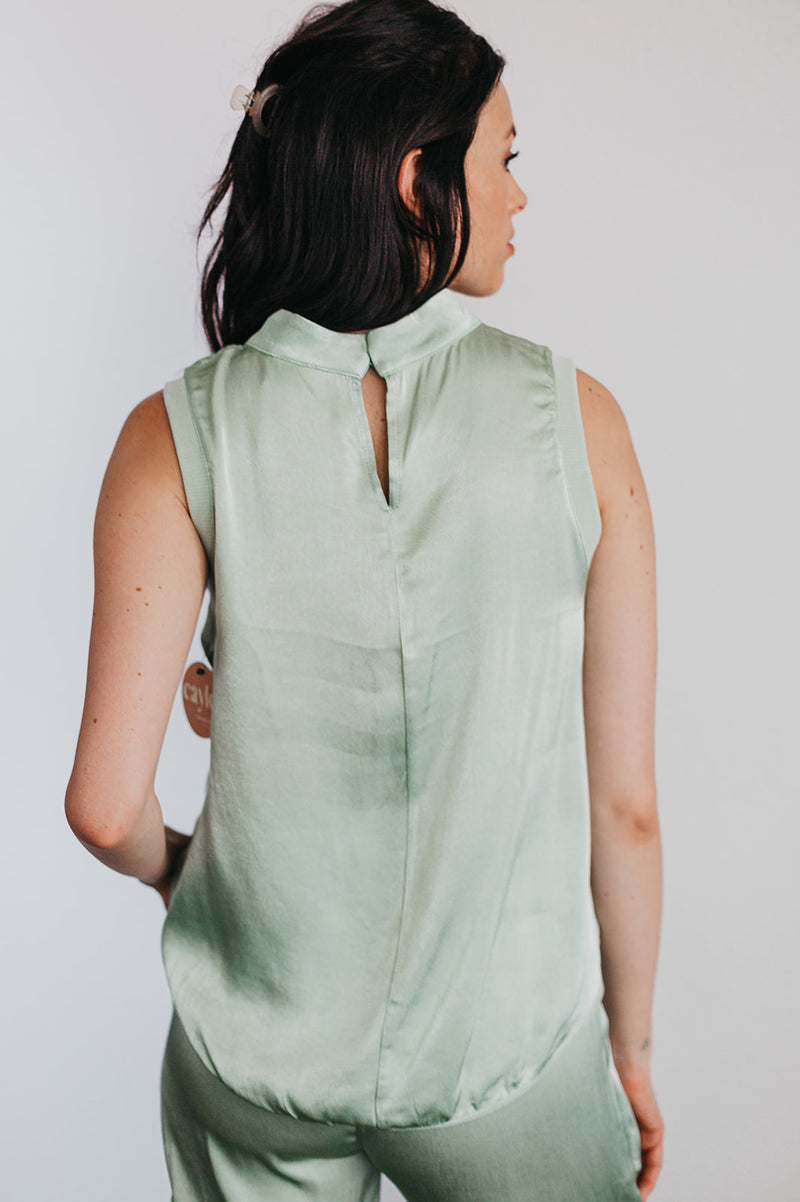 Whitley Satin Pocket Tank Top- Sage