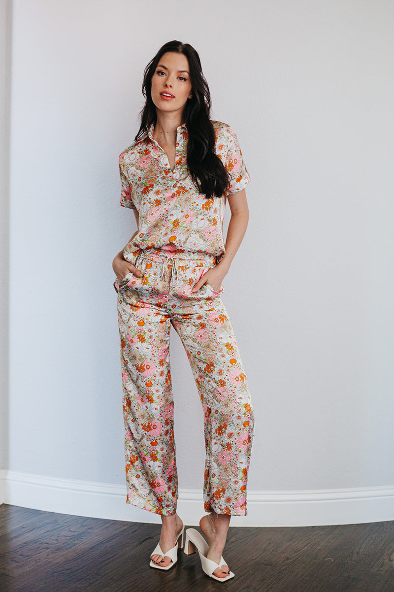 Pallas Floral Satin Pocketed Pants